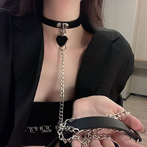 Tsangbaby Heart Pendant Choker with Leash Sexy Punk Collar Choker with Chains Gothic Black Leather Necklace for Cosplay Costume Party - Image 6