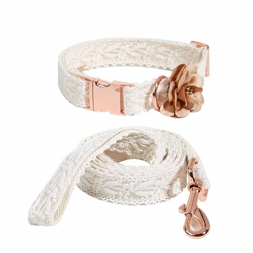 Dog Collar and Leash Set Adjustable Girl Fashion Flowers Dog Collar for Small Dogs Cotton Lace Handmade Personalized Puppy Collars Rose Gold Metal Buckle for Medium Large Dogs (White,S) - Image 2