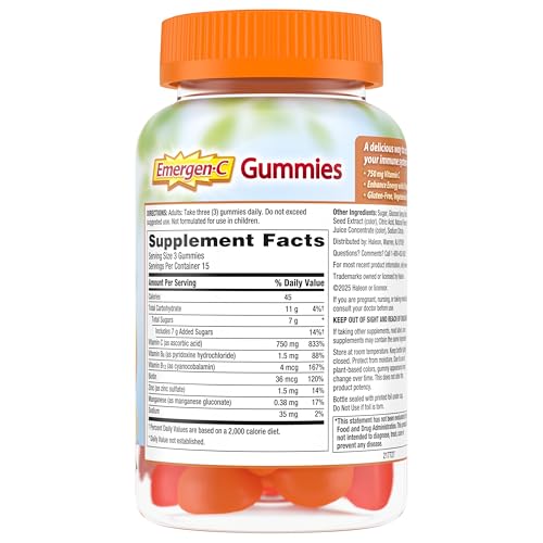 Emergen-C 750mg Vitamin C Gummies for Adults, Immunity Gummies with B Vitamins, Gluten Free, Orange, Tangerine and Raspberry Flavors - 45 Count - Image 9