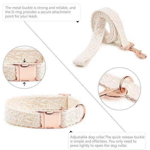 Dog Collar and Leash Set Adjustable Girl Fashion Flowers Dog Collar for Small Dogs Cotton Lace Handmade Personalized Puppy Collars Rose Gold Metal Buckle for Medium Large Dogs (White,S) - Image 4