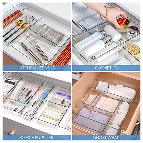 Ravinte 28 PCS Drawer Organizer Plastic Storage Bins, 4 - Size Kitchen Drawer Organizer with Non-Slip Pads Clear Desk Storage Tray for Makeup, Jewelries, Kitchen Utensils and Office - Image 7
