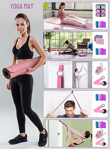 1/3 Pink Yoga Mat Thick, Yoga Set for Beginners Include High Density Pink Yoga Mat with Multi-loops Strap, Blocks, Booty Resistance Band Set, Door Anchor, Carring Strap - Image 3