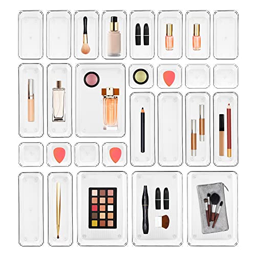 Ravinte 28 PCS Drawer Organizer Plastic Storage Bins, 4 - Size Kitchen Drawer Organizer with Non-Slip Pads Clear Desk Storage Tray for Makeup, Jewelries, Kitchen Utensils and Office