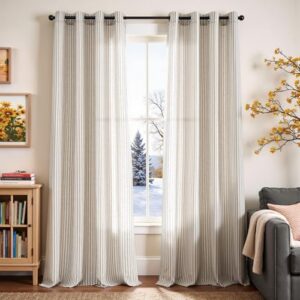 Vangao Linen Striped Grey Curtains Boho Tickingstripe Light Filtering Window Curtains Printed on Beige Drapes 95 Inches Long for Living Room Bedroom Grommet Top 2 Panels