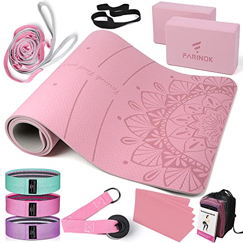 1/3 Pink Yoga Mat Thick, Yoga Set for Beginners Include High Density Pink Yoga Mat with Multi-loops Strap, Blocks, Booty Resistance Band Set, Door Anchor, Carring Strap - Image 2