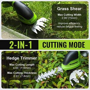 WORKPRO Cordless Grass Shear & Shrubbery Trimmer – 2 in 1 Handheld Hedge Trimmer Electric Grass Trimmer Hedge Shears/Grass Cutter Rechargeable Lithium-Ion Battery and Type-C Cable Included (Green)
